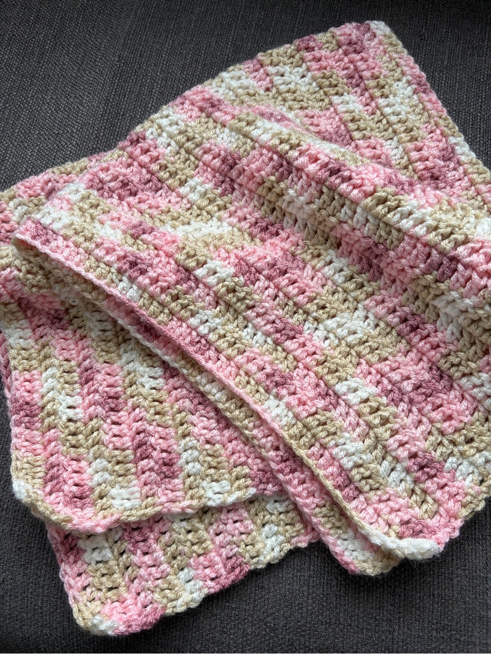 Handmade | Crocheted Baby Blanket in Pink, Cream & Tan | Approx. 24” x 30”